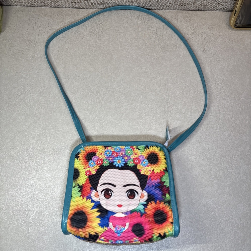 Frida Kahlo Inspired Woven Straw Crossbody Bag Turquoise Floral Purse